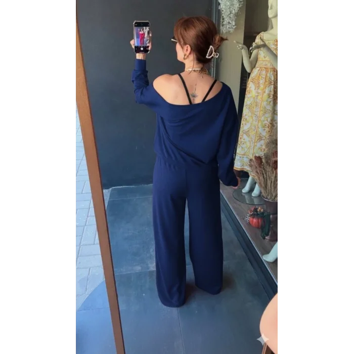 Kadın Uzun Kollu Tek Omuzdan Açık Viskon Iki Iplik Bluz Ve Pantolon Ikili Takım