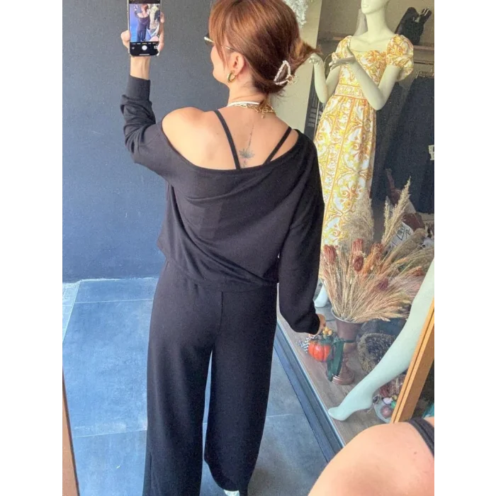 Kadın Uzun Kollu Tek Omuzdan Açık Viskon Iki Iplik Bluz Ve Pantolon Ikili Takım