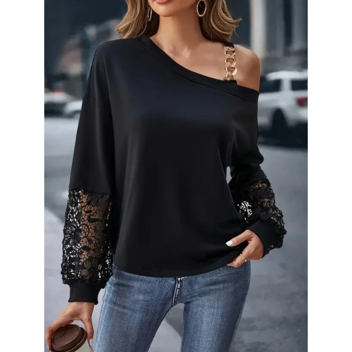 Kadın Uzun Kollu Tek Omuzu Açık Askılı Toka Ve Dantel Detay Viskon Iki Iplik Bluz