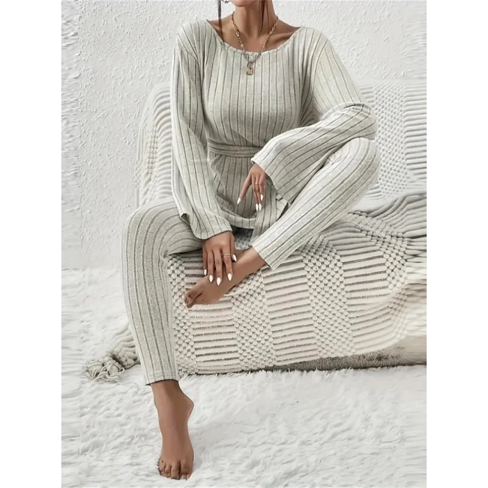 Kadın Uzun Kollu Tek Omuzu Açık Belden Kuşaklı şardonlu Kaşkorse Bluz Ve Tayt Pantolon