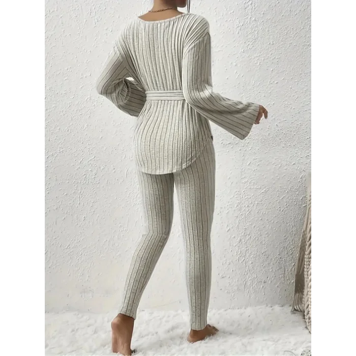 Kadın Uzun Kollu Tek Omuzu Açık Belden Kuşaklı şardonlu Kaşkorse Bluz Ve Tayt Pantolon