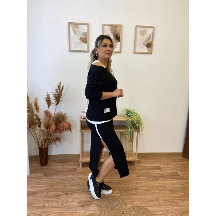 Kadın Uzun Kollu Tek Omuzu Açık Viskon Bluz Içi Atletli Ve Yandan şeritli üçlü Viskon Ikili Takım