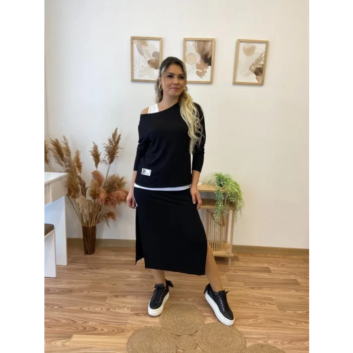 Kadın Uzun Kollu Tek Omuzu Açık Viskon Bluz Içi Atletli Ve Yandan şeritli üçlü Viskon Ikili Takım