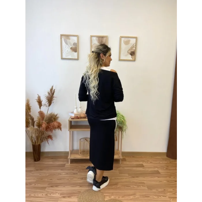 Kadın Uzun Kollu Tek Omuzu Açık Viskon Bluz Içi Atletli Ve Yandan şeritli üçlü Viskon Ikili Takım