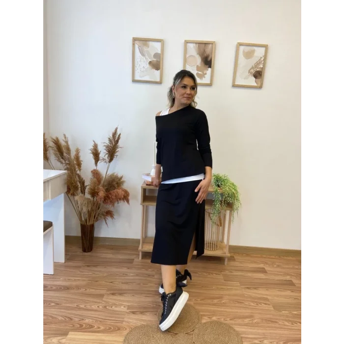 Kadın Uzun Kollu Tek Omuzu Açık Viskon Bluz Içi Atletli Ve Yandan şeritli üçlü Viskon Ikili Takım