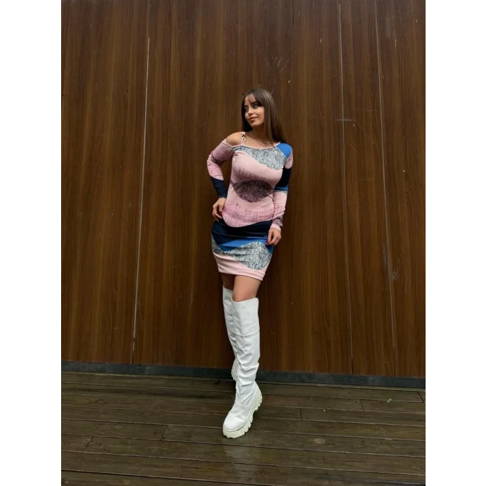 Kadın Uzun Kollu Tek Omuzu Askı Toka Detaylı Kısa Dalgıç Elbise