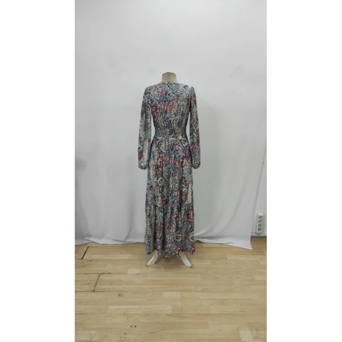 Kadın Uzun Kollu Uakadabağcıklı Beli Lastikli Desenli Uzun Süprem Elbise