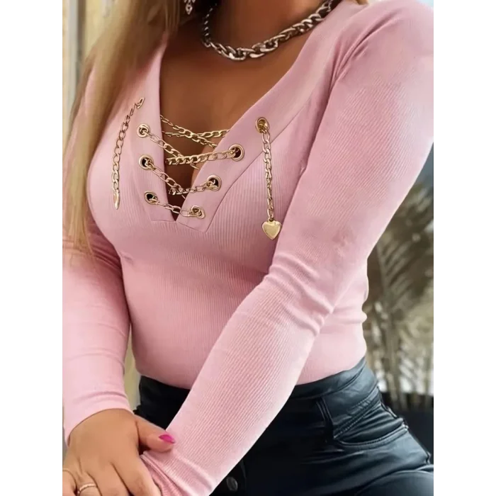 Kadın Uzun Kollu V çapraz Zincir Detaylı Kaşkorse Bluz