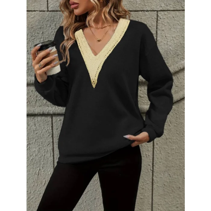 Kadın Uzun Kollu V Dantel Yaka şardonsuz üç Iplik Bluz