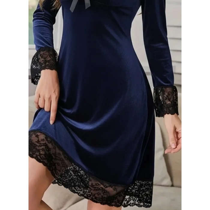 Kadın Uzun Kollu V Dantel Yakalı Mini Kadife Elbise