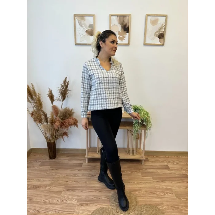 Kadın Uzun Kollu V Hakim Yaka çok Renkli Dokuma Bluz