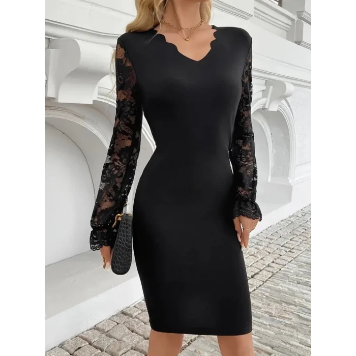 Kadın Uzun Kollu V Lazer Kesim Detaylı Kısa Ithal Krep Elbise