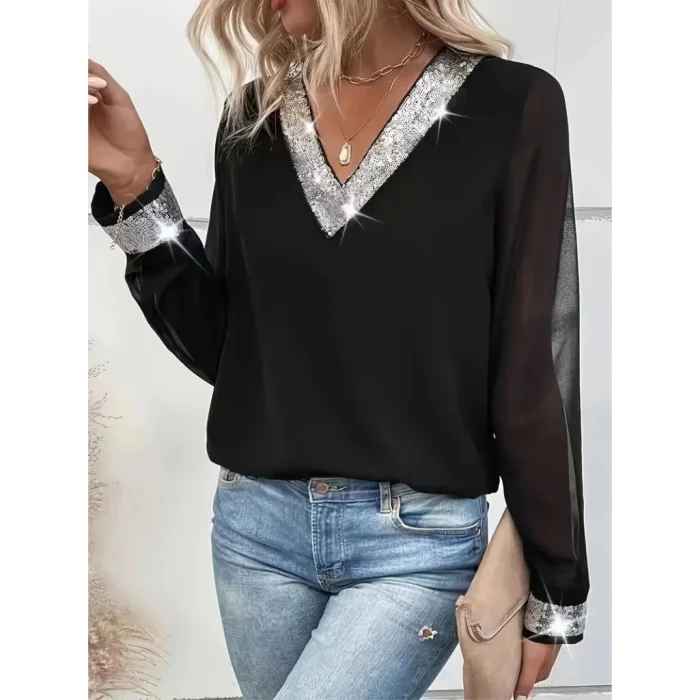 Kadın Uzun Kollu V Pulpayet Yakalı Ithal Krep Bluz