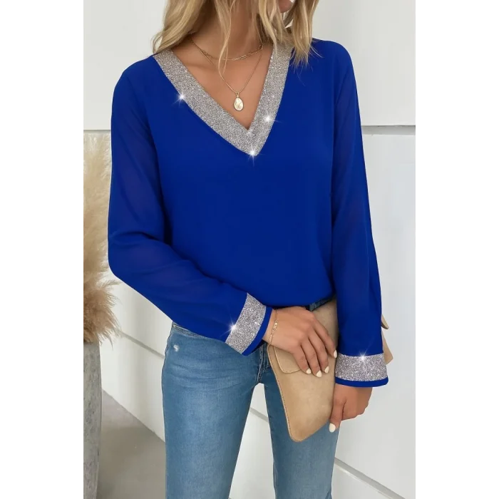 Kadın Uzun Kollu V Pulpayet Yakalı Ithal Krep Bluz