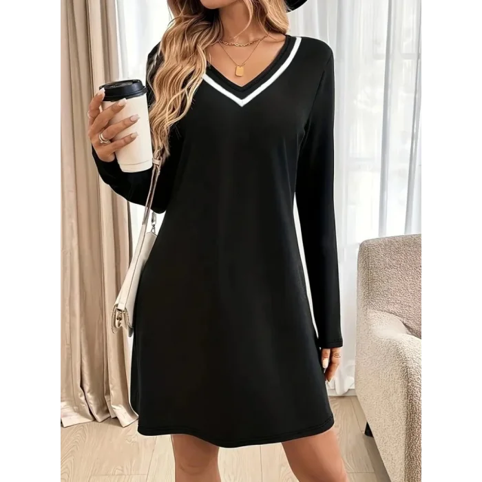 Kadın Uzun Kollu V şerit Yakalı Kısa Viskon Iki Iplik Elbise