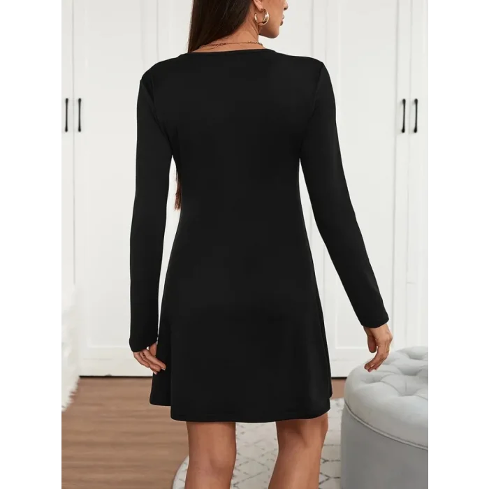 Kadın Uzun Kollu V şerit Yakalı Kısa Viskon Iki Iplik Elbise