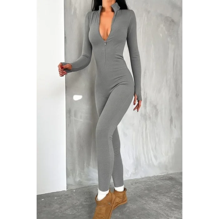 Kadın Uzun Kollu V Yaka Baş Parmak Geçirmeli Detay Kaşkorse Tulum