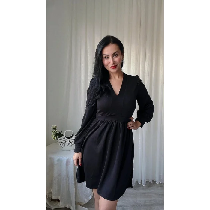 Kadın Uzun Kollu V Yaka Belden Hafif Pileli Scuba Krep Mini Boy Elbise