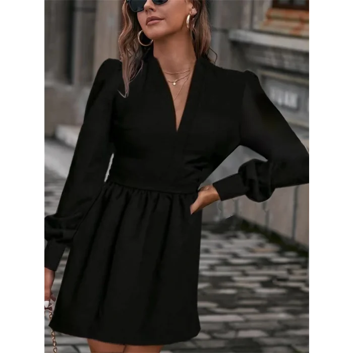 Kadın Uzun Kollu V Yaka Belden Hafif Pileli Scuba Krep Mini Boy Elbise