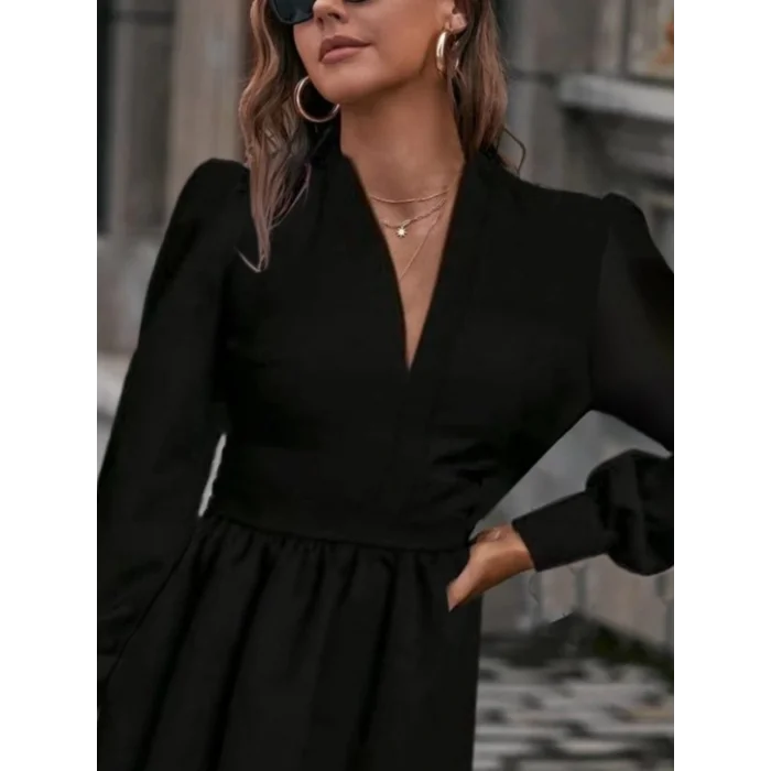 Kadın Uzun Kollu V Yaka Belden Hafif Pileli Scuba Krep Mini Boy Elbise