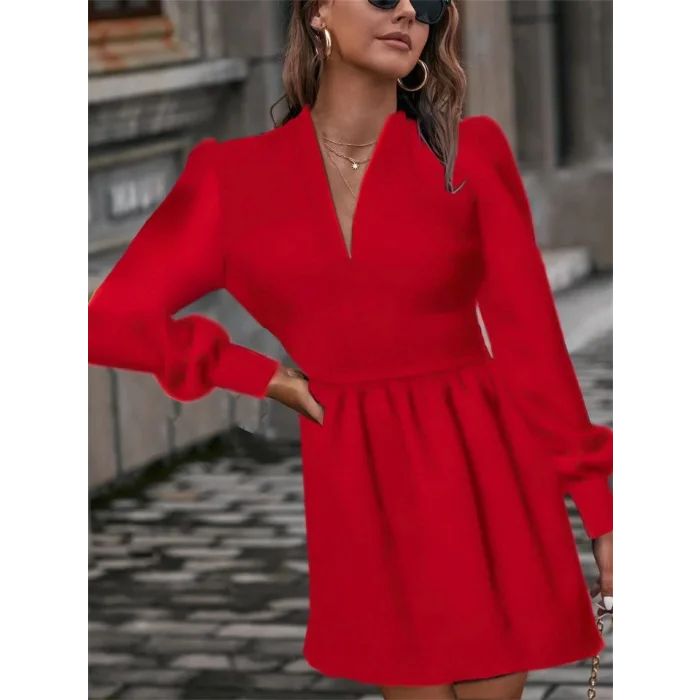 Kadın Uzun Kollu V Yaka Belden Hafif Pileli Scuba Krep Mini Boy Elbise