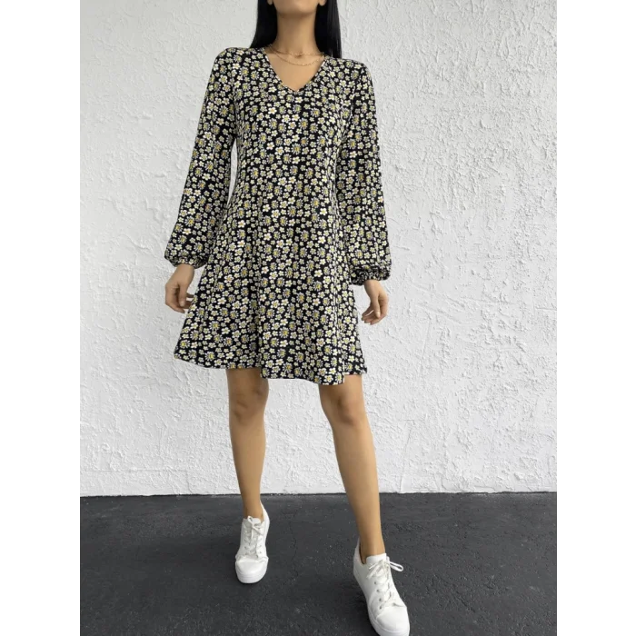 Kadın Uzun Kollu V Yaka çiçek Desenli Helen Kumaş Elbise