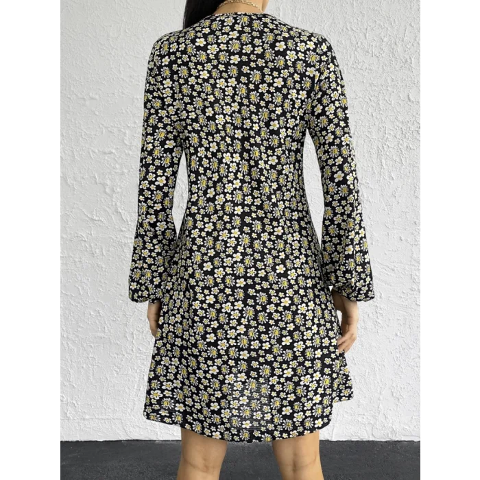 Kadın Uzun Kollu V Yaka çiçek Desenli Helen Kumaş Elbise