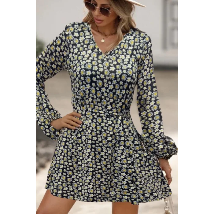 Kadın Uzun Kollu V Yaka çiçek Desenli Helen Kumaş Elbise