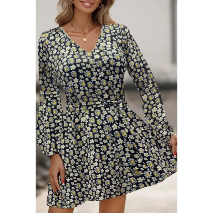 Kadın Uzun Kollu V Yaka çiçek Desenli Helen Kumaş Elbise