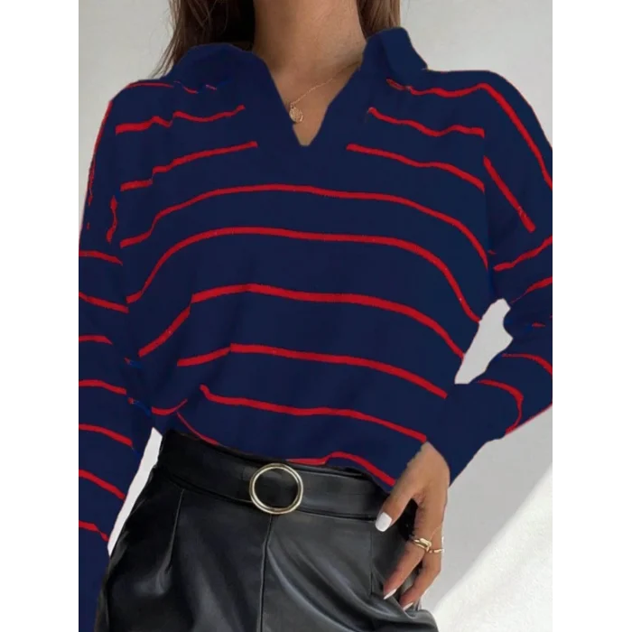 Kadın Uzun Kollu V Yaka çizgili Triko Bluz