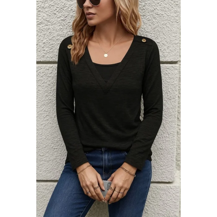 Kadın Uzun Kollu V Yaka Düğme Detaylı Yumoş Bluz