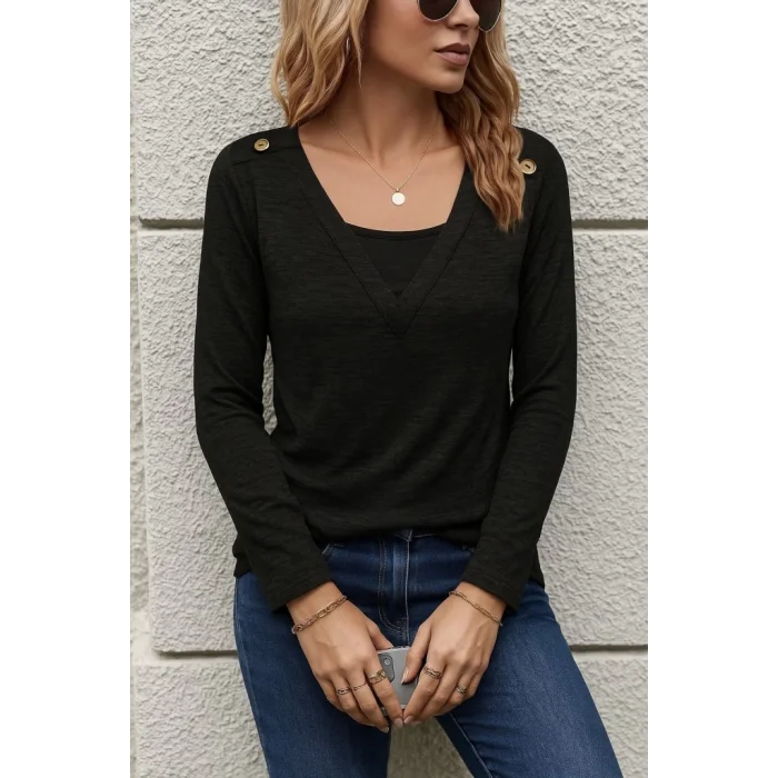 Kadın Uzun Kollu V Yaka Düğme Detaylı Yumoş Bluz