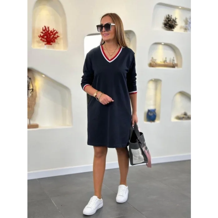 Kadın Uzun Kollu V Yaka Kol Ağzı Ve Yaka Ribana Detaylı Iki Iplik Mini Boy Elbise