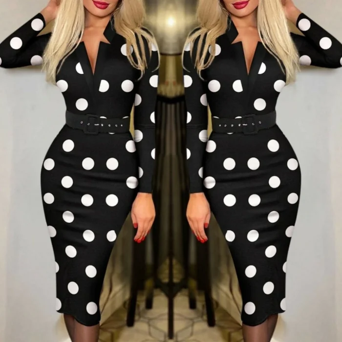 Kadın Uzun Kollu V Yaka Puantiyeli Krep Midi Boy Elbise