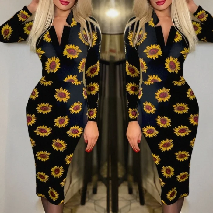 Kadın Uzun Kollu V Yaka Puantiyeli Krep Midi Boy Elbise