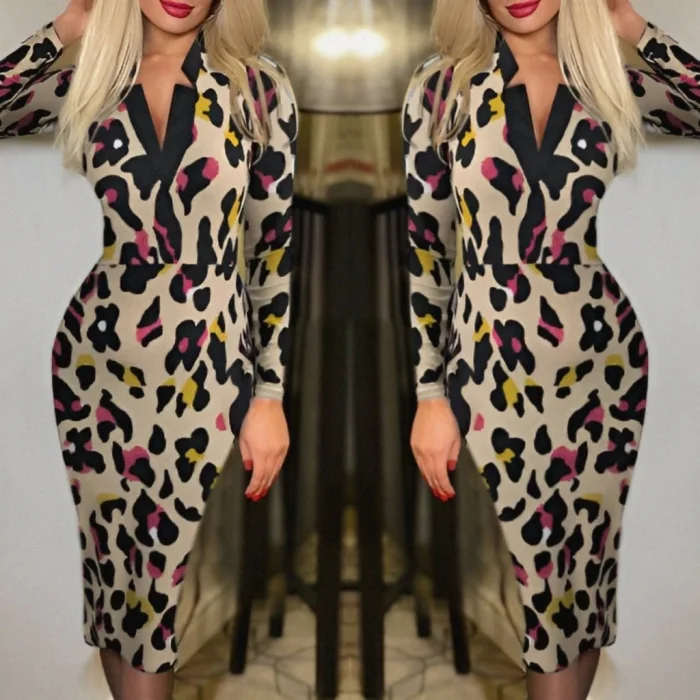 Kadın Uzun Kollu V Yaka Puantiyeli Krep Midi Boy Elbise