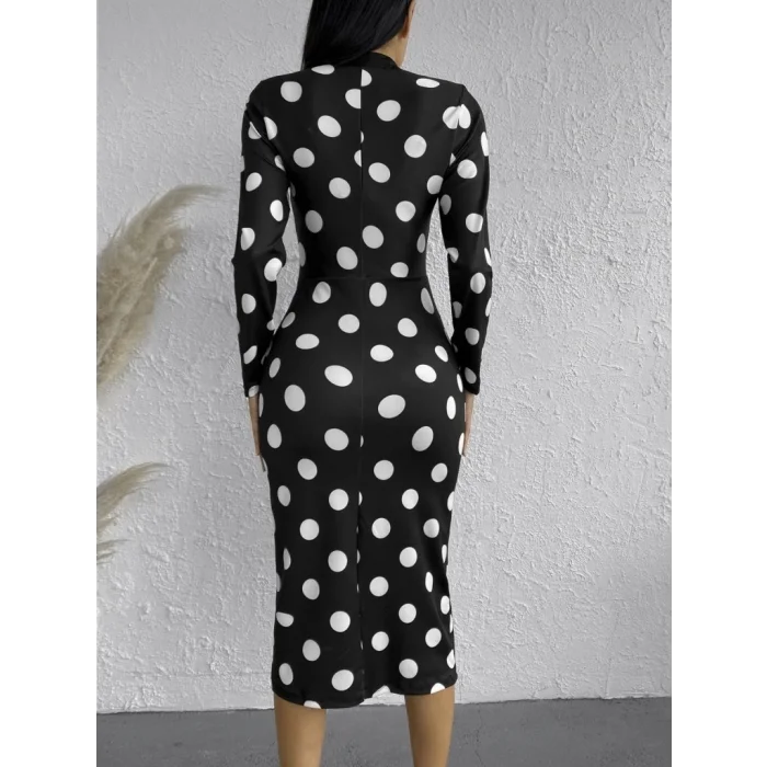 Kadın Uzun Kollu V Yaka Puantiyeli Krep Midi Boy Elbise