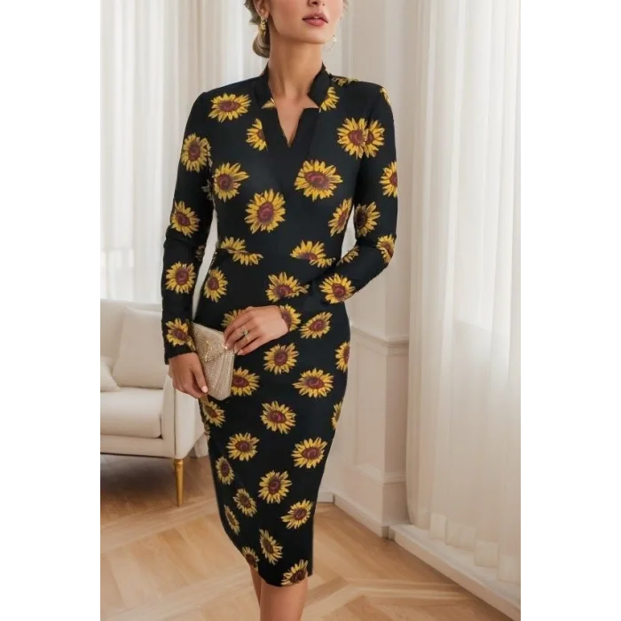 Kadın Uzun Kollu V Yaka Puantiyeli Krep Midi Boy Elbise