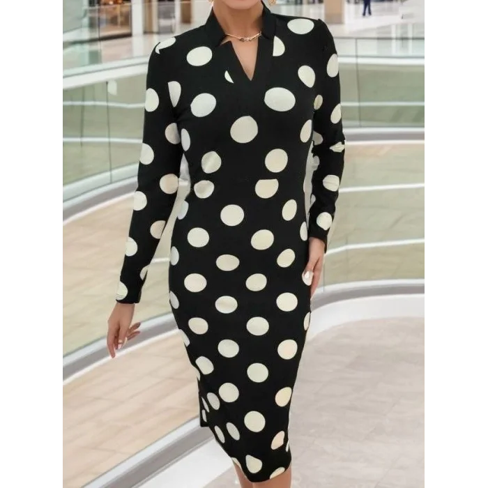 Kadın Uzun Kollu V Yaka Puantiyeli Krep Midi Boy Elbise