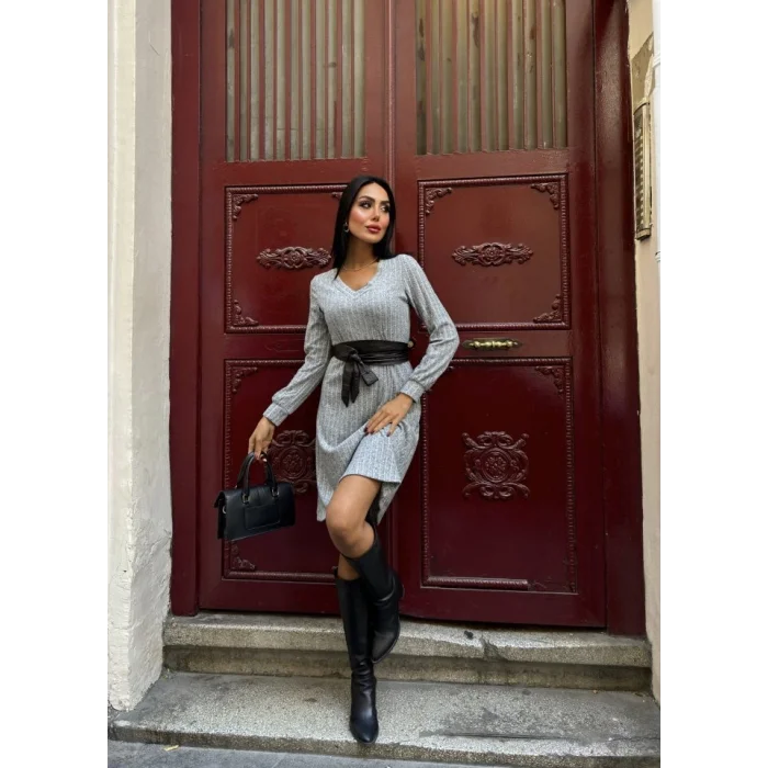 Kadın Uzun Kollu V Yaka Uzun Kol şardonlu Kaşkorse Midi Elbise