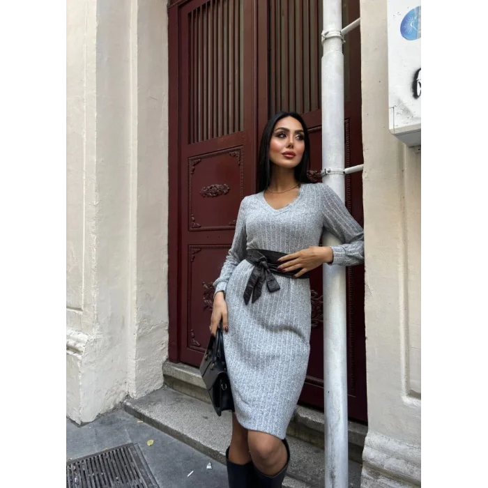 Kadın Uzun Kollu V Yaka Uzun Kol şardonlu Kaşkorse Midi Elbise