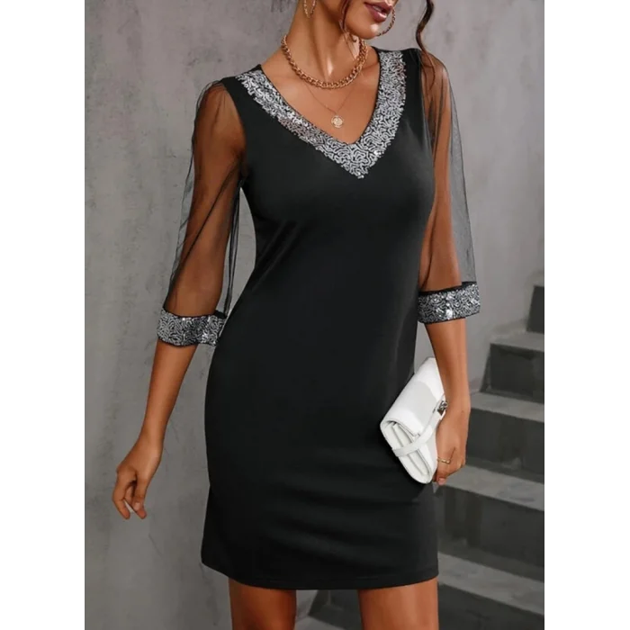 Kadın Uzun Kollu V Yaka Ve Kol Ucu Pul Payet Krep Elbise