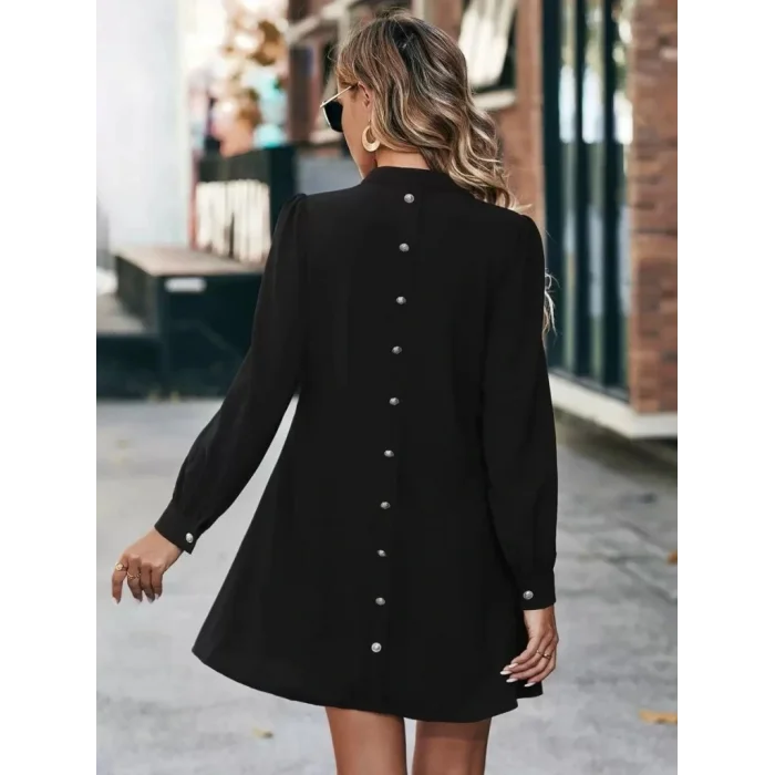 Kadın Uzun Kollu V Yakalı Arkadan Düğmeli Mini Ithal Krep Elbise