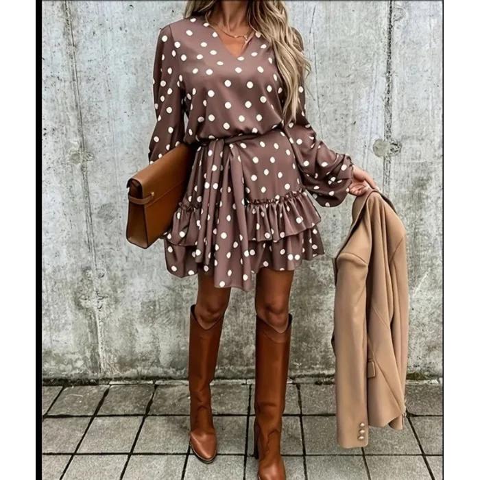 Kadın Uzun Kollu V Yakalı Belden Kuşaklı Puantiyeli Mini Modal Elbise