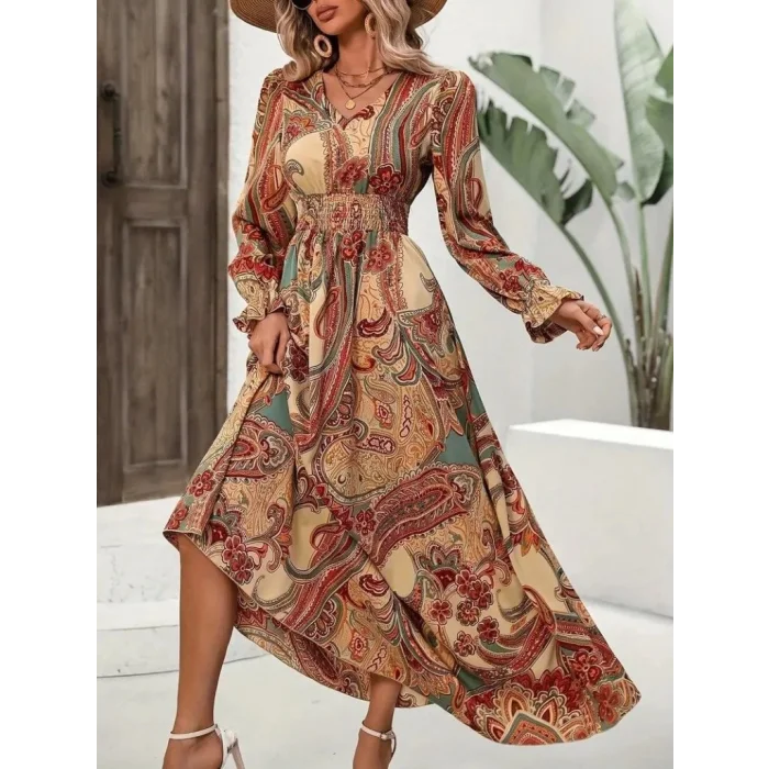 Kadın Uzun Kollu V Yakalı Beli Lastikli Desenli Süprem Elbise