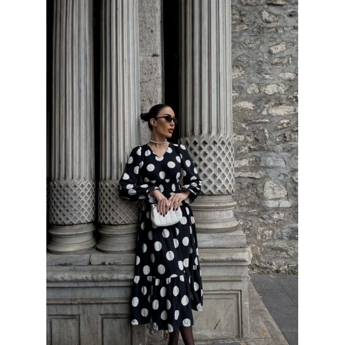 Kadın Uzun Kollu V Yakalı Beli Lastikli Puantiyeli Uzun Krep Elbise