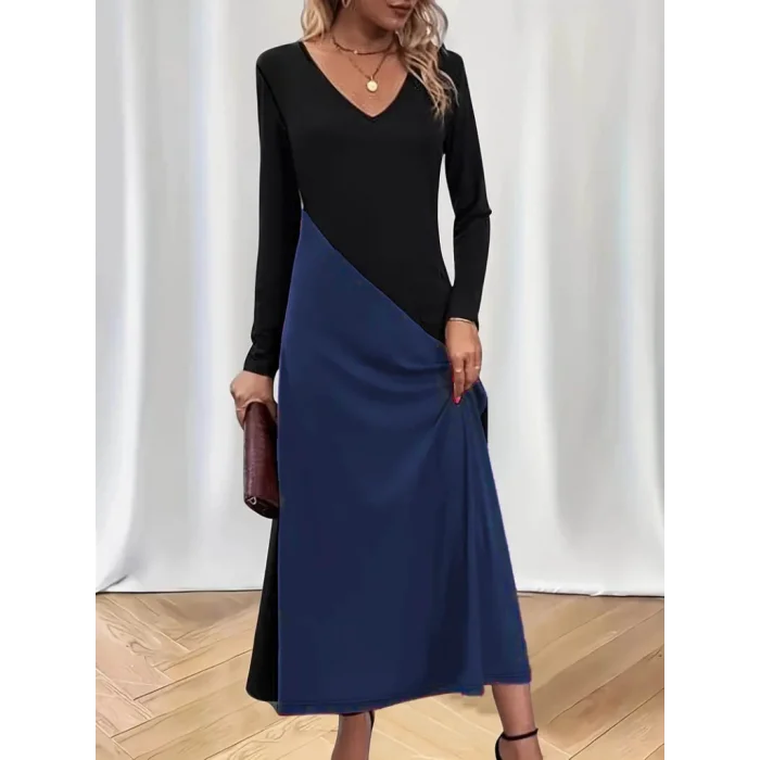 Kadın Uzun Kollu V Yakalı Blok Desenli Viskon Elbise