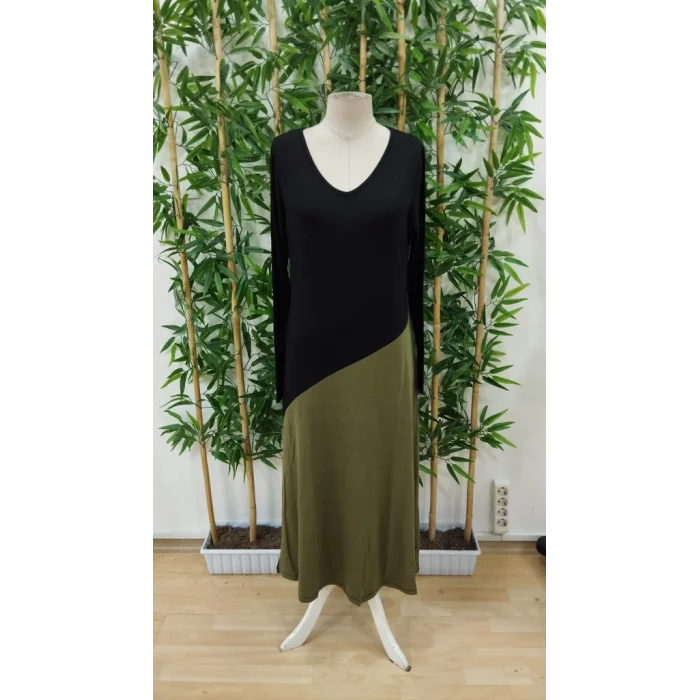 Kadın Uzun Kollu V Yakalı Blok Desenli Viskon Elbise