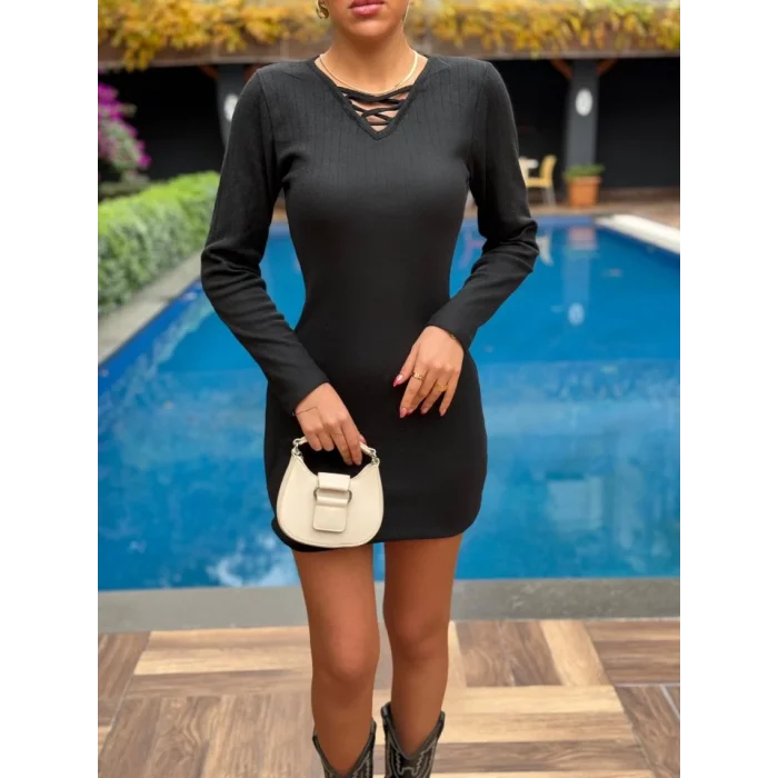 Kadın Uzun Kollu V Yakalı çapraz şerit Detaylı şardonlu Kaşkorse Midi Elbise