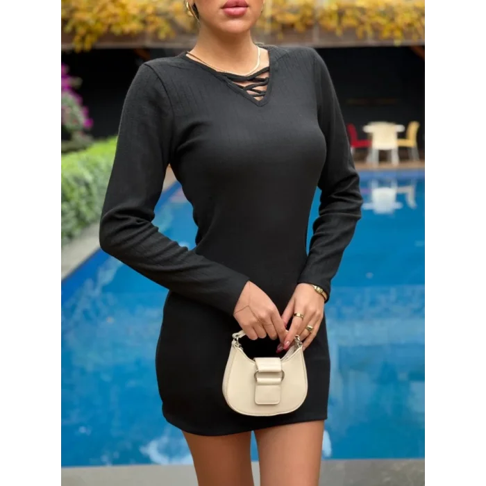 Kadın Uzun Kollu V Yakalı çapraz şerit Detaylı şardonlu Kaşkorse Midi Elbise